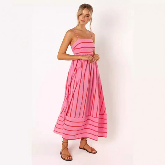 Damen Maxikleid mit feinen Streifen und elastischem Taillenbund EB