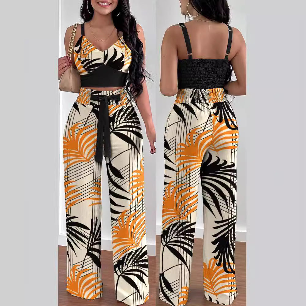 Damen Zweiteiliges Set aus floralem Oberteil und weiten Hosen EB