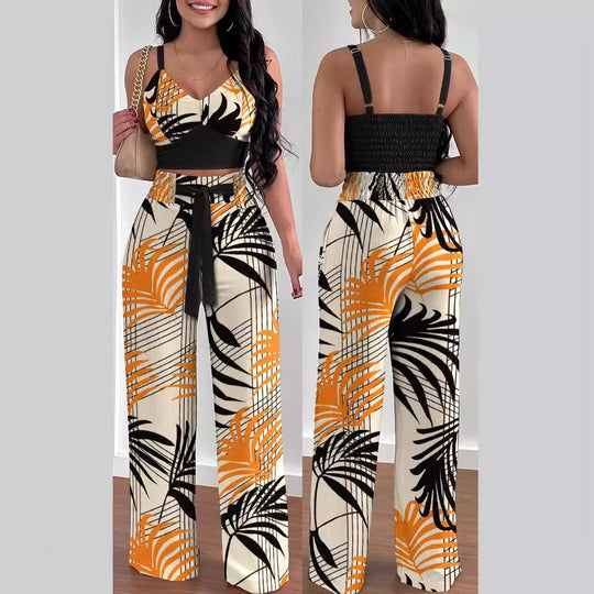 Damen Zweiteiliges Set aus floralem Oberteil und weiten Hosen EB