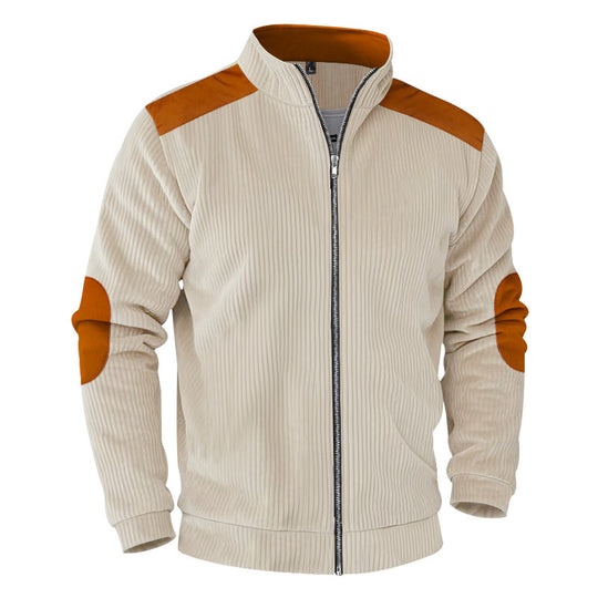 Herren nan gerippte Stehkragen-Sweatjacke mit durchgehendem Reißverschluss, Schulter- und Ellbogen-Patches EB
