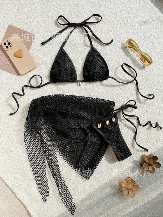 Damen Triangel-Bikini mit transparentem Netzgewebe und Schnürdetails EB