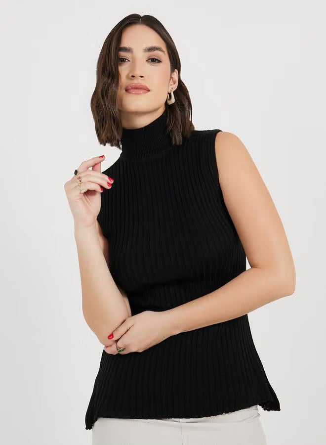 Damen Rollkragenpullover ohne Ärmel mit senkrechtem Rippenmuster EB