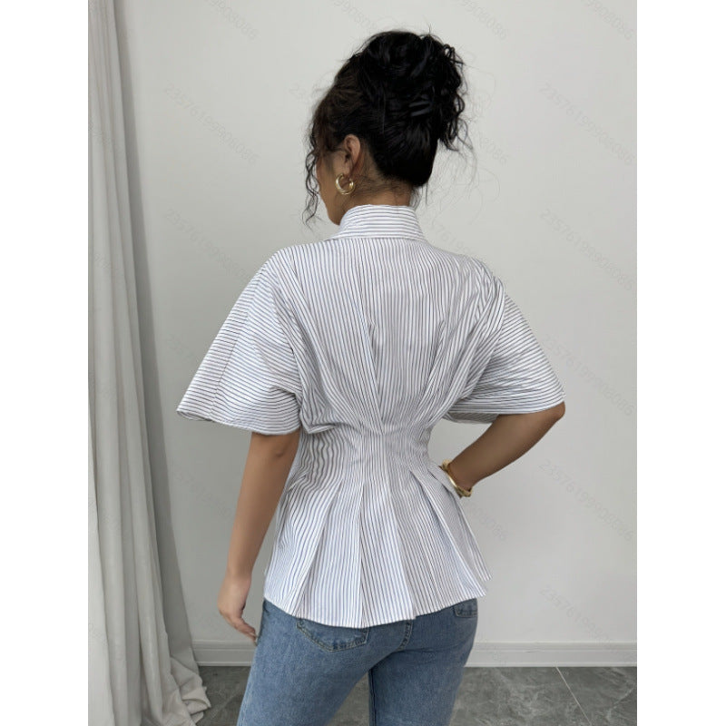 Damen taillierte Bluse mit Puffärmeln und Streifenmuster EB