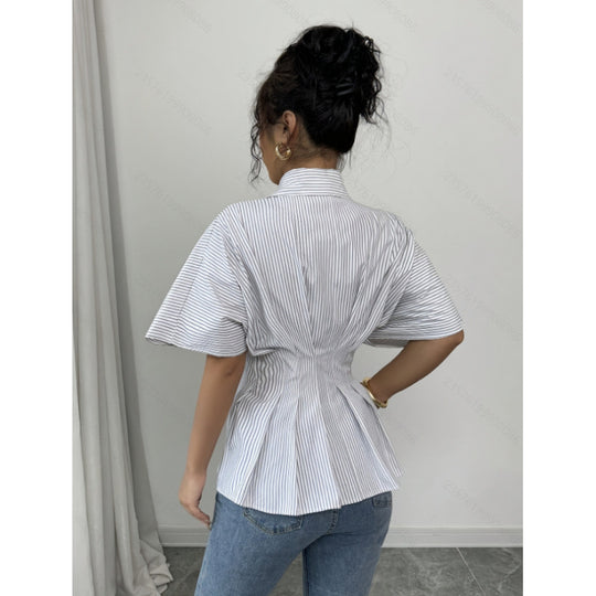 Damen taillierte Bluse mit Puffärmeln und Streifenmuster EB