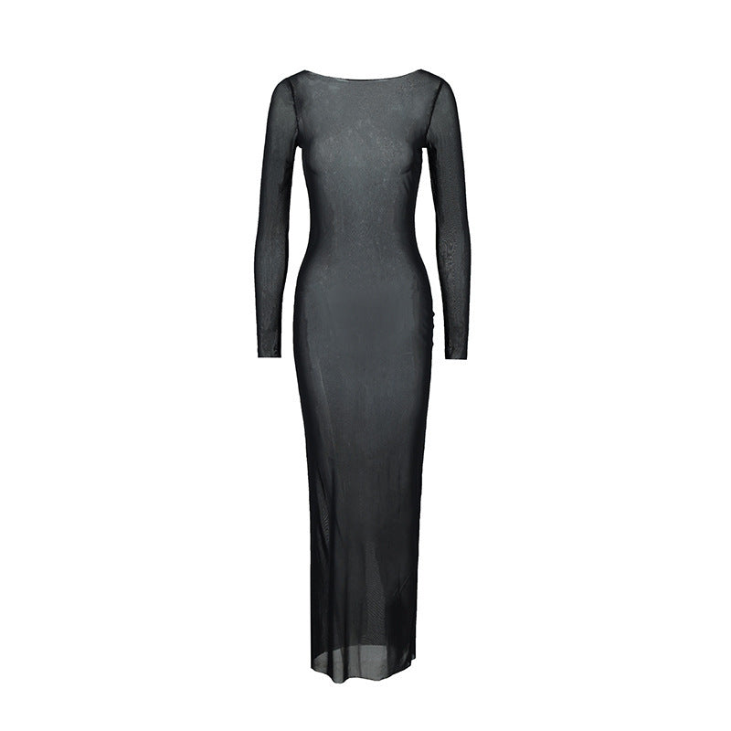 Damen Langarm Maxikleid mit elegantem Schnitt und figurbetonendem Design EB