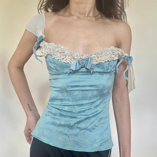 Damen Spaghetti-Trägertop mit floralen Akzenten und Rüschendetails EB
