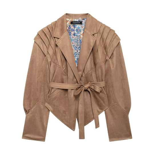 Damen nan taillierter Wildlederoptik Blazer mit Wickelgürtel und gerafften Schultern EB