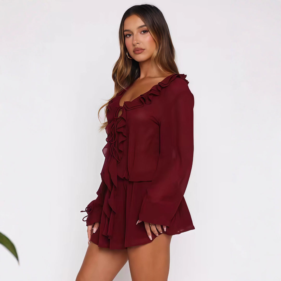 Damen Chiffonbluse mit eleganter Rüschendekoration und tiefem V-Ausschnitt EB