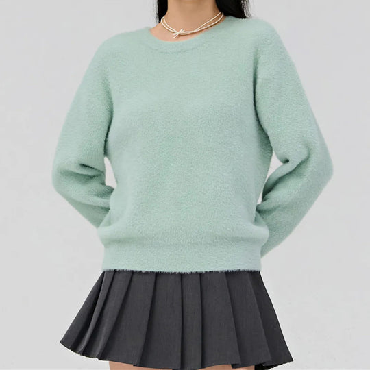 Damen Kurzgeschnitteter Flauschpullover mit Ballonärmeln und Rundhalsausschnitt EB