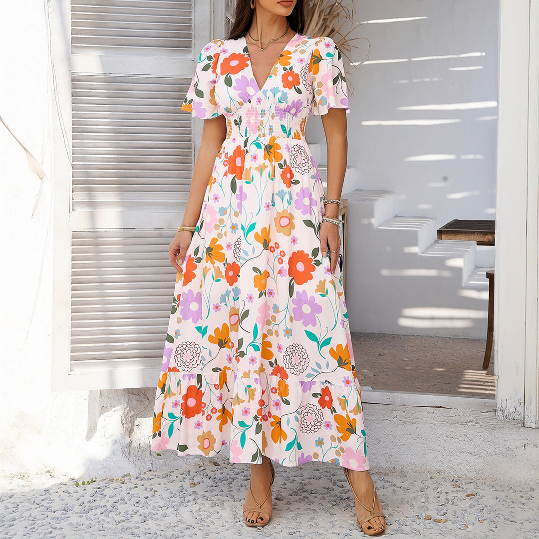 Damen Maxikleid mit raffiniertem V-Ausschnitt und eleganter Raffung EB