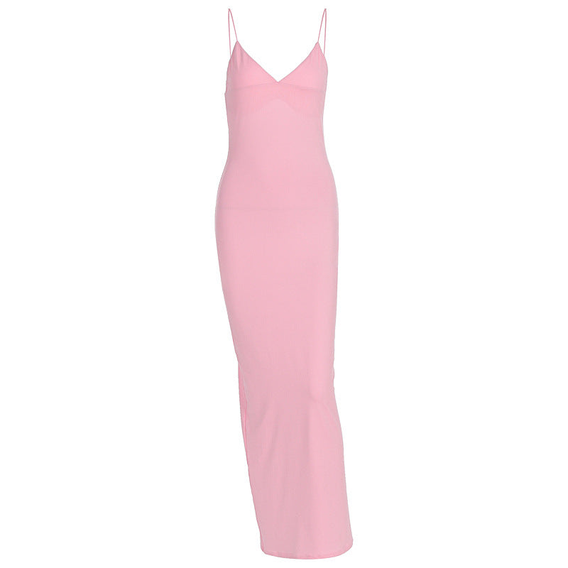 Damen figurbetontes Maxikleid mit schmalen Spaghettiträgern und elegantem V-Ausschnitt EB