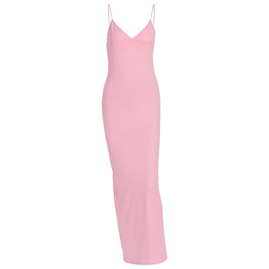 Damen figurbetontes Maxikleid mit schmalen Spaghettiträgern und elegantem V-Ausschnitt EB