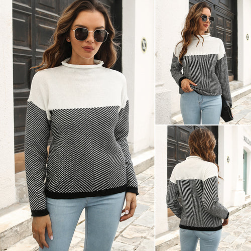 Damen Strickpullover mit Herringbone-Muster und hohem Kragen EB