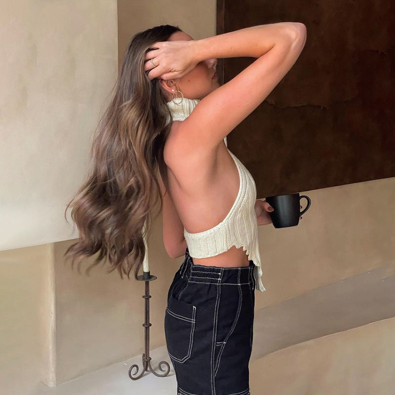 Damen cropped Stricktop mit hohem Kragen EB