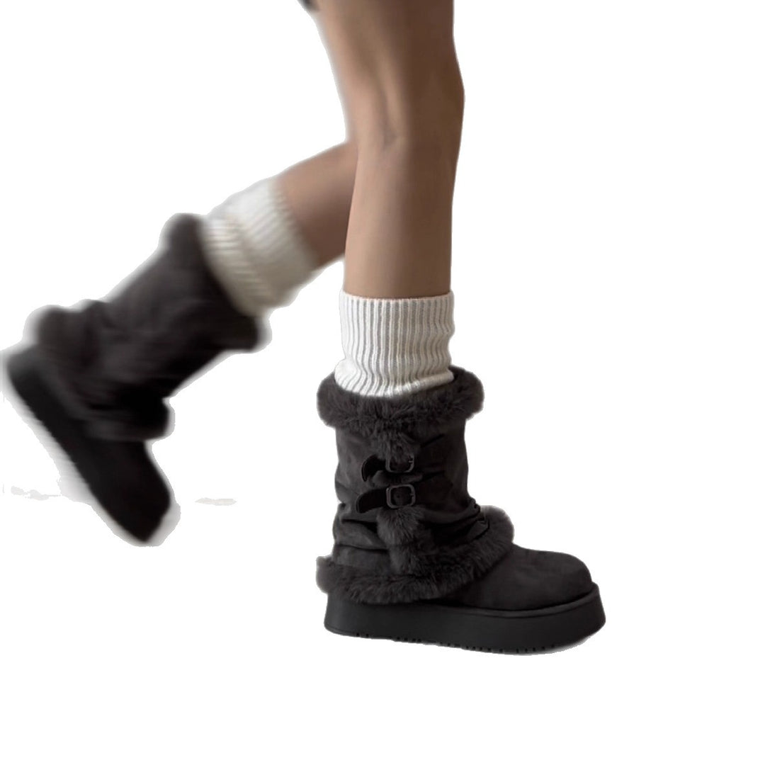 Damen modische Winterstiefel mit kuscheligem Kunstfell und praktischem Doppelriemen EB