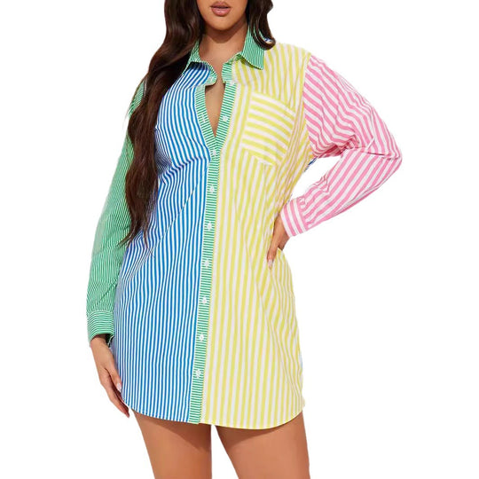 Damen Oversize Hemdblusenkleid mit mehrfarbigem Streifenblock EB
