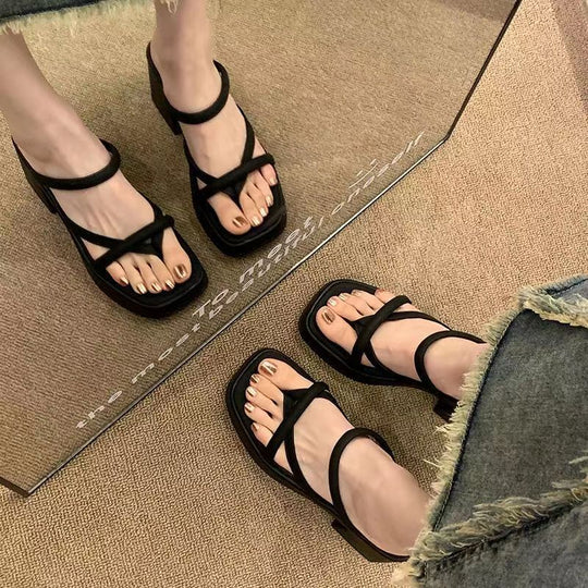 Damen Plateau Sandalen mit modischem Kreuz-Riemen und stabilen Blockabsätzen EB
