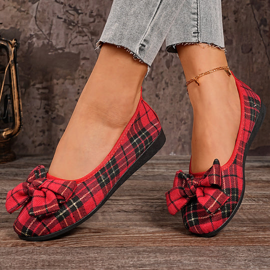 Damen  karierter Ballerina Slipper mit dekorativer Schleife und gepolstertem Komfortfußbett EB