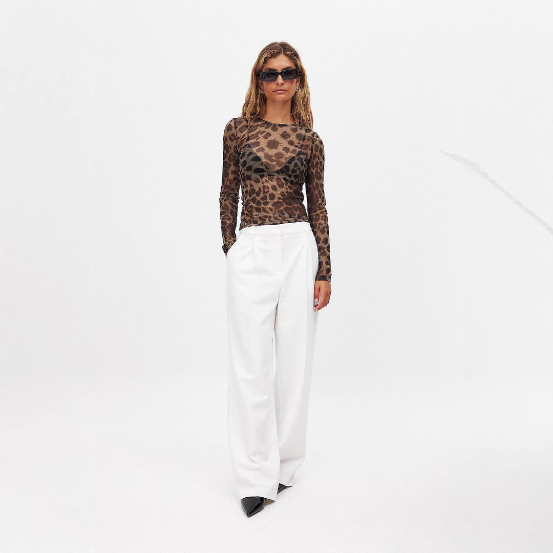 Damen langärmliges Shirt mit transparentem Leopardenmuster EB