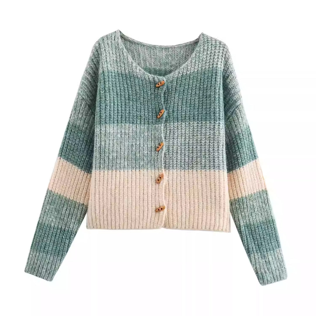 Damen Strickjacke mit elastischem Rippdesign und Holzknöpfen EB