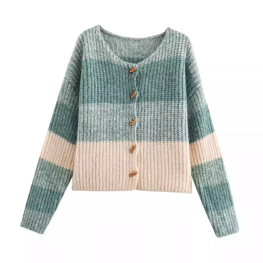 Damen Strickjacke mit elastischem Rippdesign und Holzknöpfen EB