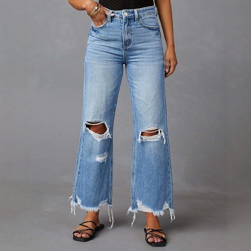 Damen nan hochgeschnittene ausgestellte Destroyed-Jeans mit Knieausfransungen und rohem Saum EB