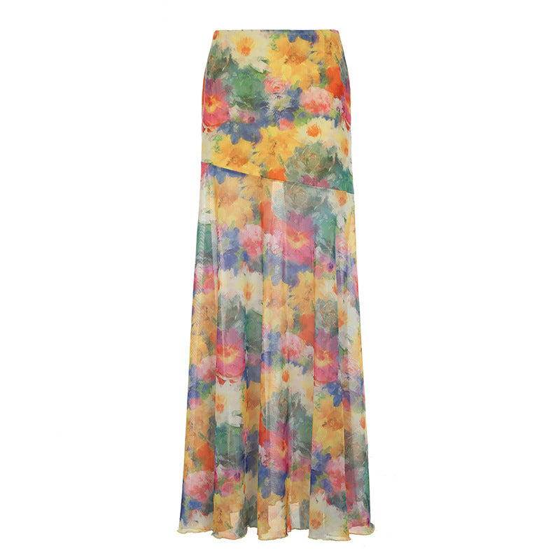 Damen Maxi-Rock mit floralem Chiffon-Design und schwingendem Saum EB