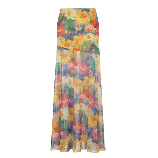 Damen Maxi-Rock mit floralem Chiffon-Design und schwingendem Saum EB