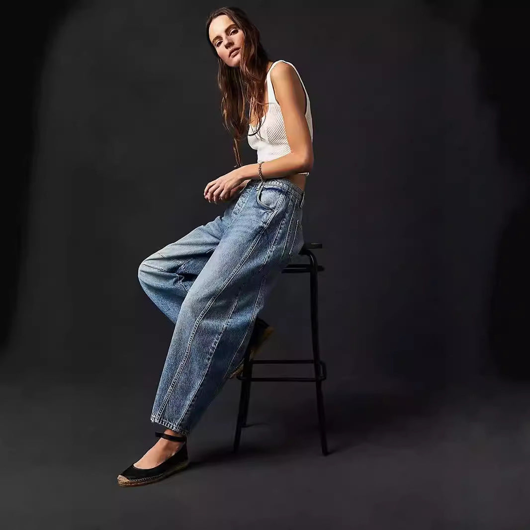 Damen Weite Denim-Hose mit hohem Bund und lässigen Details EB
