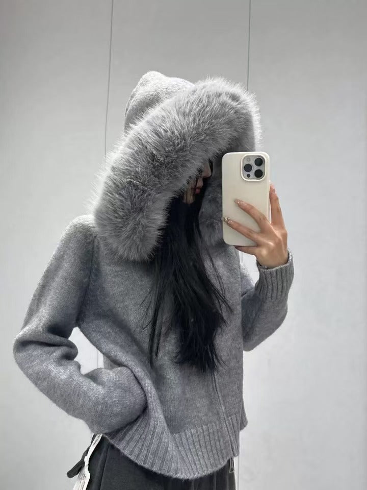 Damen kuschelige Strickjacke mit luxuriösem Pelzkragen und Reißverschluss EB