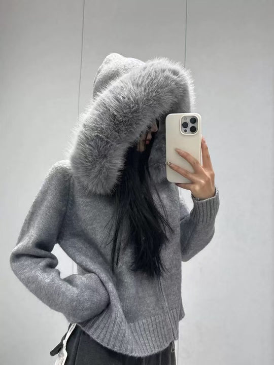 Damen kuschelige Strickjacke mit luxuriösem Pelzkragen und Reißverschluss EB