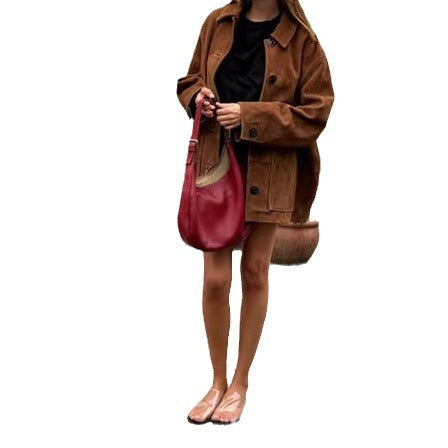 Damen Oversized Wildlederjacke mit Knopfdetails EB