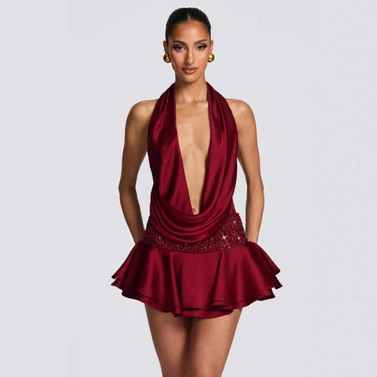 Damen elegantes Wickelkleid mit tiefem V-Ausschnitt und schwingendem Rock EB
