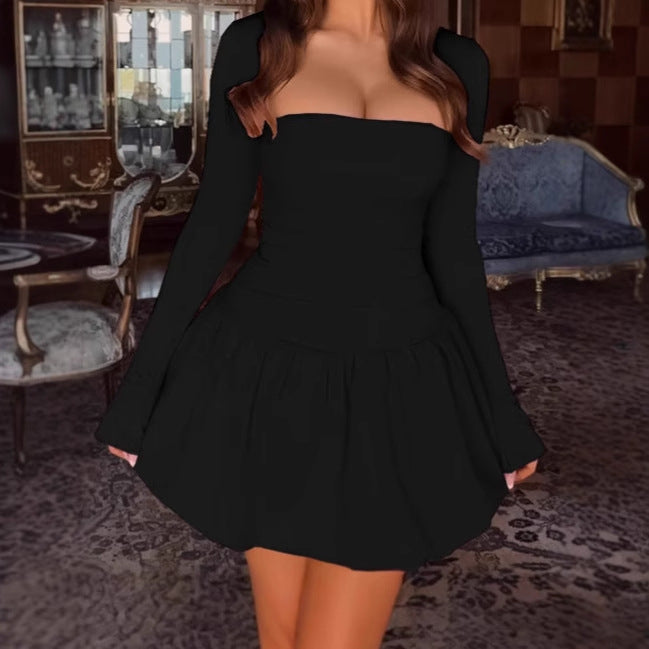 Damen Off-Shoulder Kleid mit voluminösem Rock und langem Arm EB