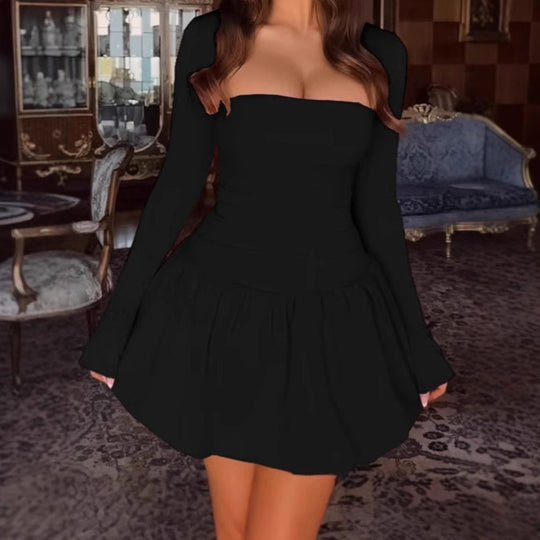 Damen Off-Shoulder Kleid mit voluminösem Rock und langem Arm EB