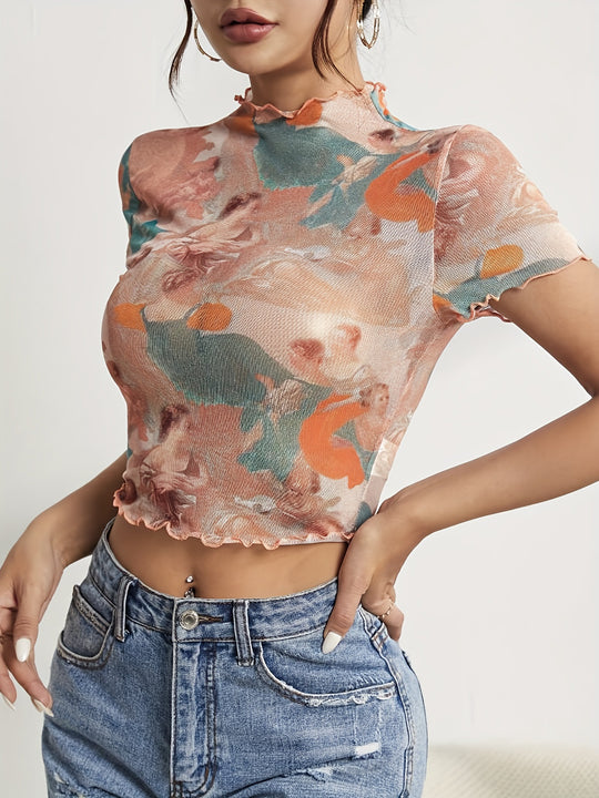 Damen figurbetonter Turtleneck-Body mit kunstvollem Druck EB
