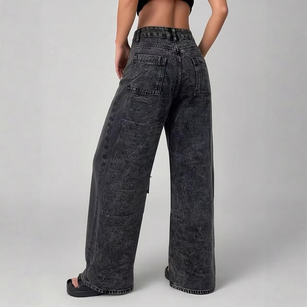 Damen nan High‑Waist Utility-Denimhose mit aufgesetzten Knie-Patches, Cargo‑Taschen und weitem Schlag EB