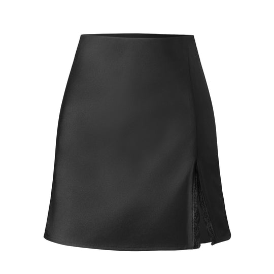 Damen Satin-Rock mit seitlichem Schlitz und Spitzenakzenten EB