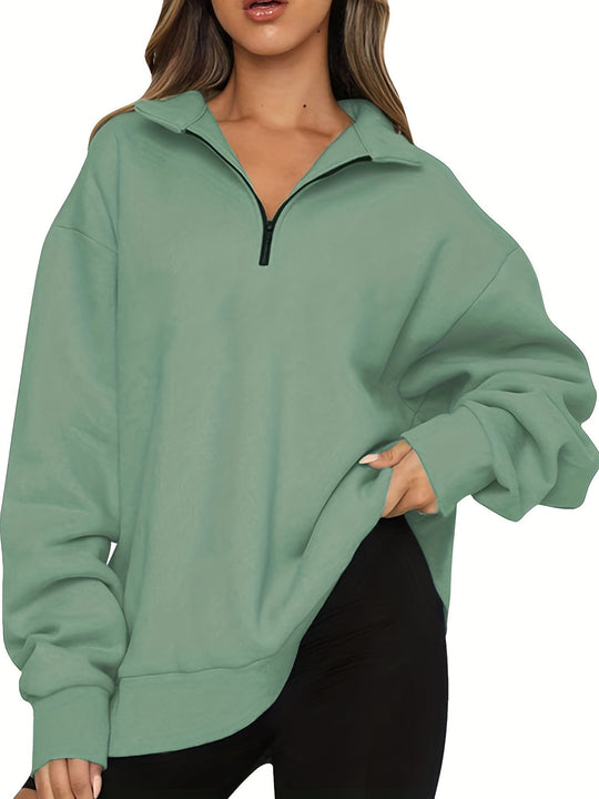 Damen nan Oversized Sweatshirt mit Kurzreißverschluss, Stehkragen und Kängurutasche EB
