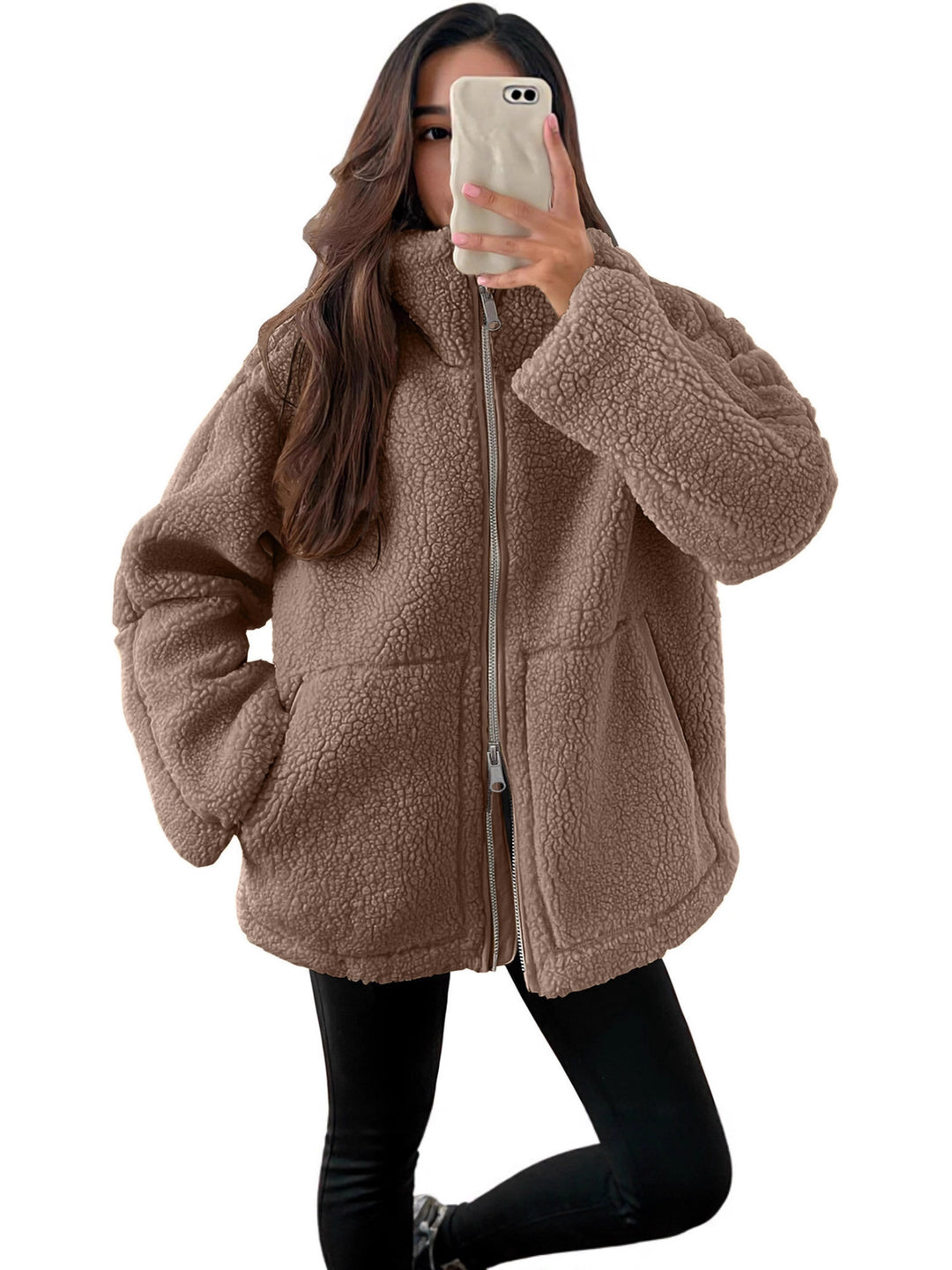 Damen nan oversized Teddyfleece Jacke mit Stehkragen und durchgehendem Reißverschluss EB