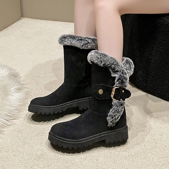 Damen Warmfutter-Stiefel mit modischem Fellkragen und eleganter Schnalle EB