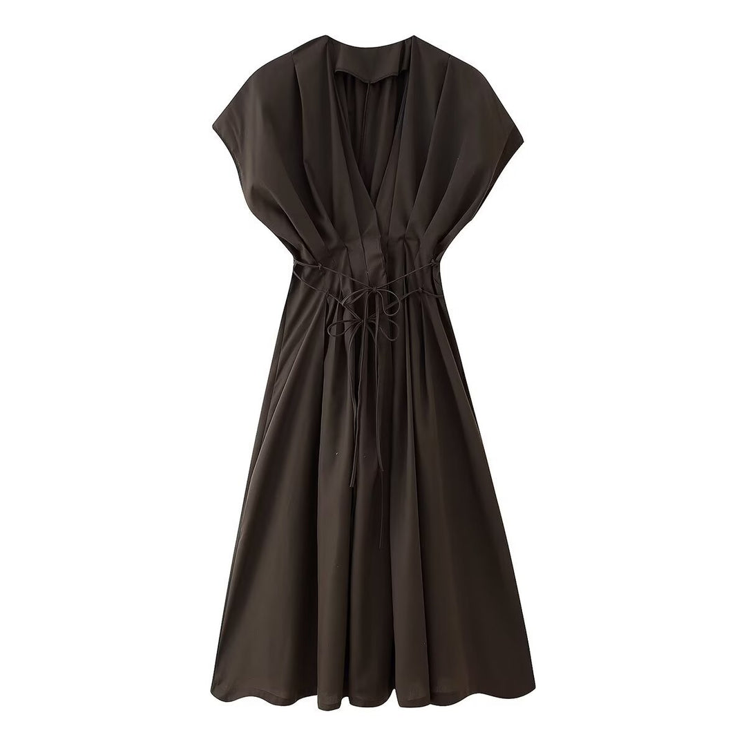 Damen Midikleid mit taillierbarem Bindegürtel und elegantem V-Ausschnitt EB