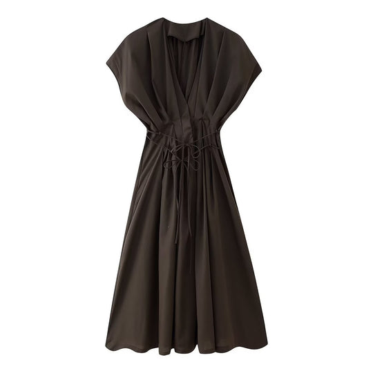 Damen Midikleid mit taillierbarem Bindegürtel und elegantem V-Ausschnitt EB