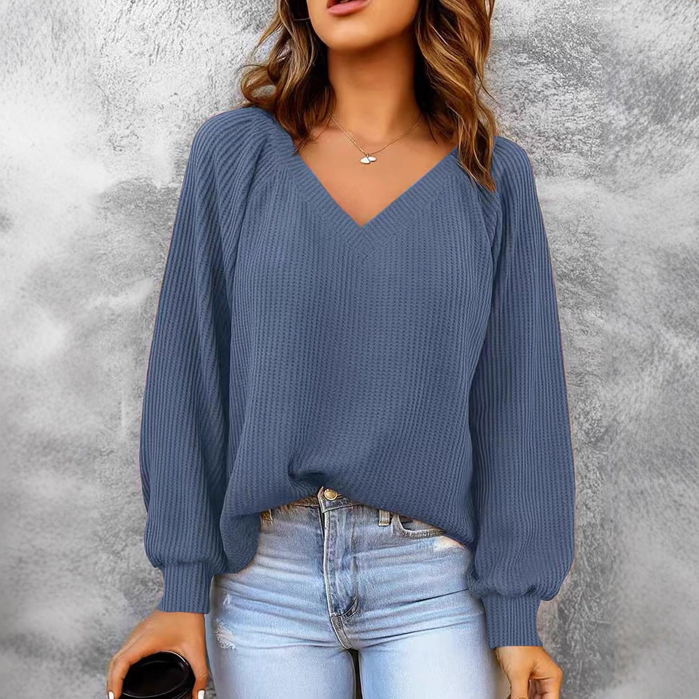 Damen Feinstruktur-Strickpullover mit V-Ausschnitt, Ballonärmeln und Rippbündchen EB