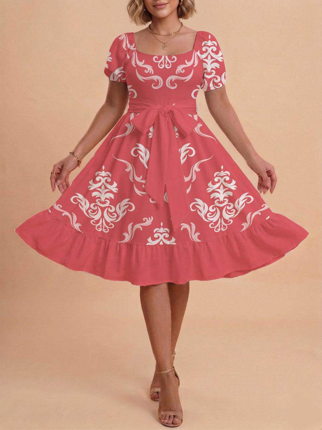 Damen Retro Maxikleid mit Puffärmeln und Taillengürtel EB