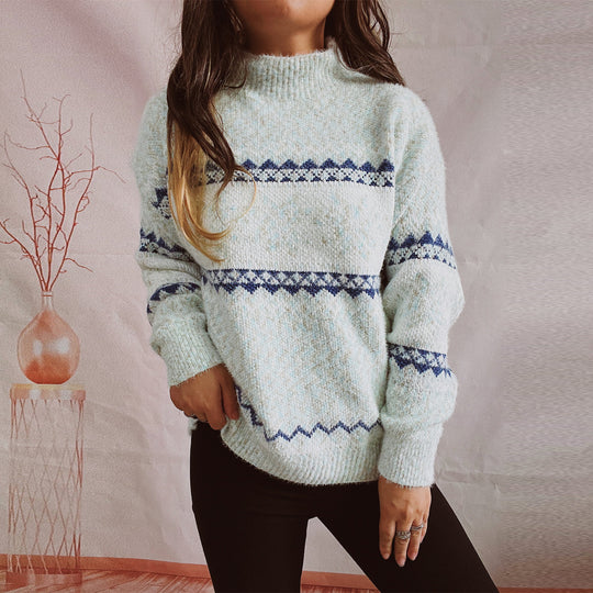 Damen Strickpullover mit geometrischem Muster und hohem Kragen EB