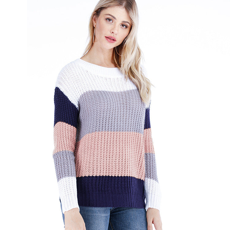 Damen Strickpullover mit blockfarbigem Muster und lockerem Schnitt EB