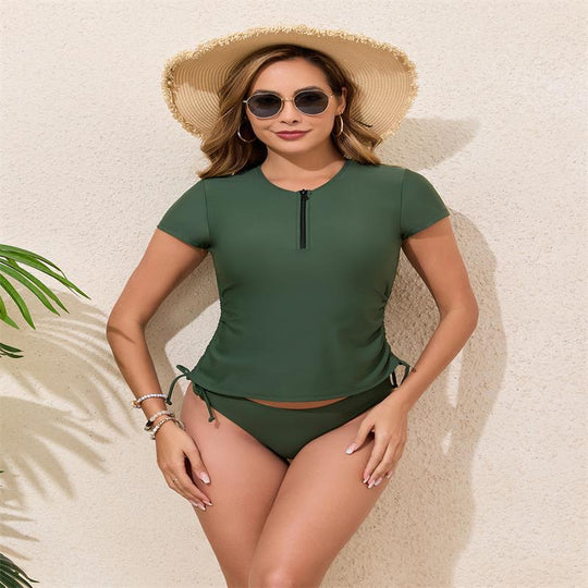 Damen Rashguard-Bikini-Set mit kurzem Arm und verstellbarem Kordelzug EB