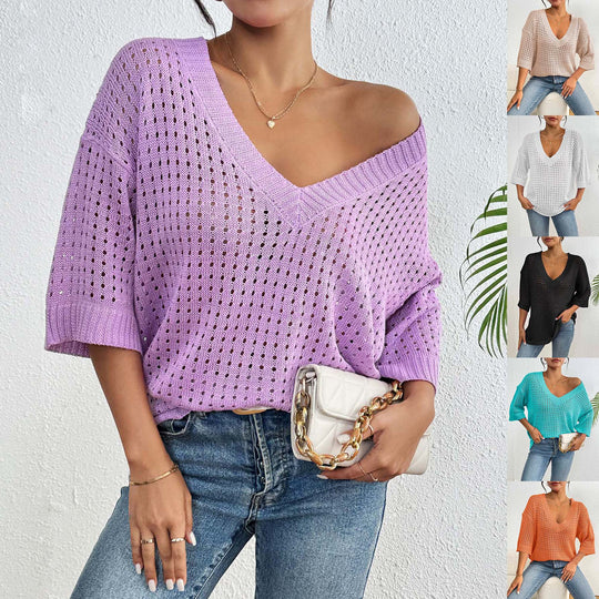 Damen luftiger Strickpullover mit V-Ausschnitt und dekorativem Lochmuster EB