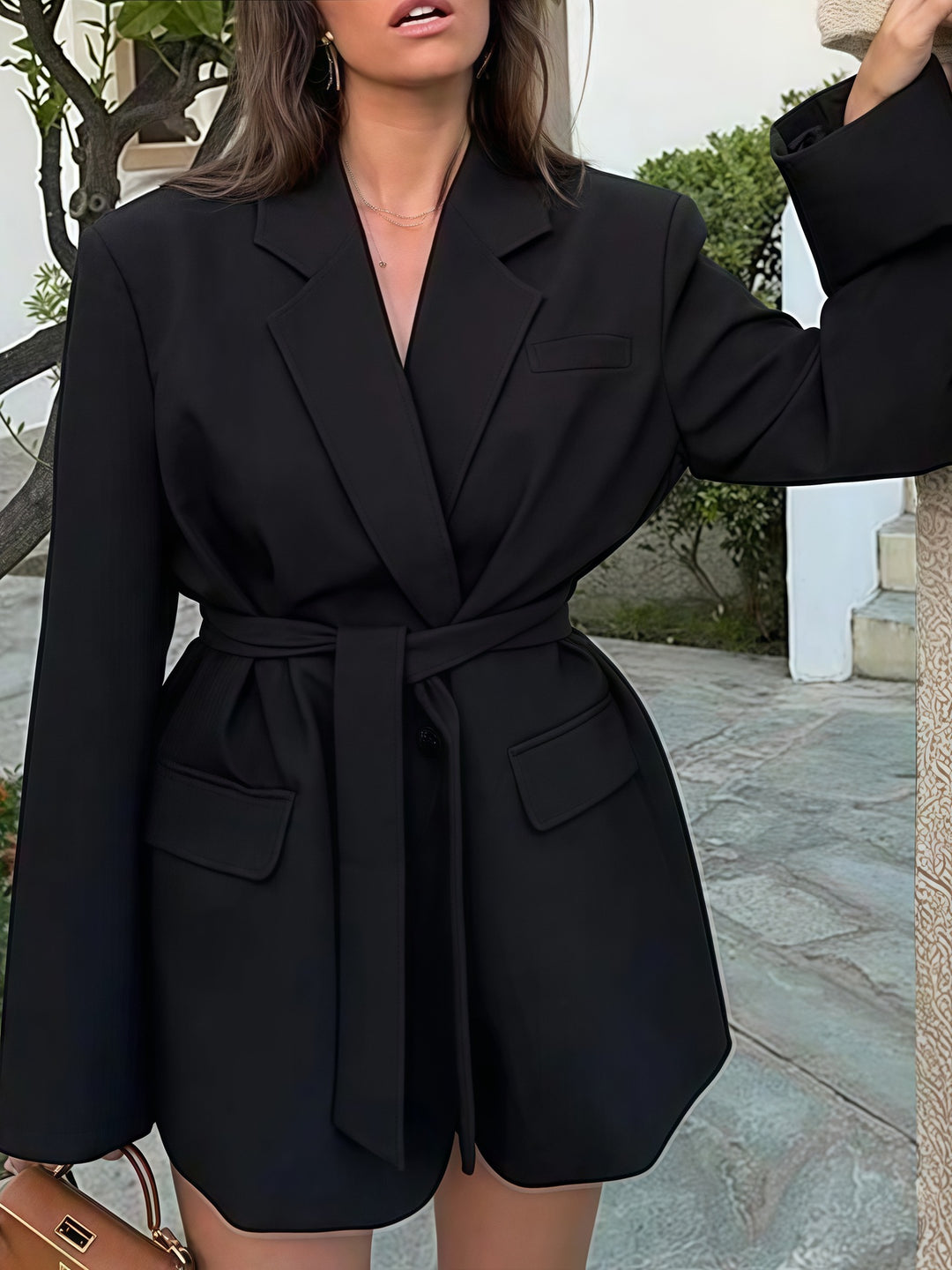 Damen Elegante Blazerjacke mit Gürtel und Taschen EB